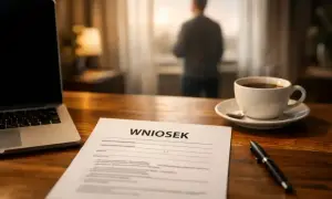 Na biurku leży wniosek o pracę zdalną okazjonalną, obok laptop i filiżanka kawy. W tle mężczyzna patrzy przez okno.