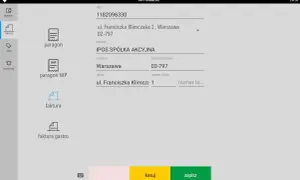 Formularz do wprowadzania danych firmy, gdzie można wybrać paragon lub faktura. Wpisano NIP, adres i nazwę firmy.