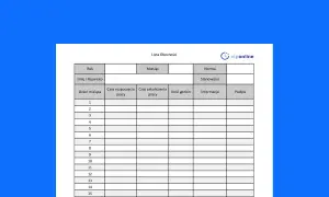 Lista obecności do rozliczania pracy zdalnej. Zawiera pola na datę, czas rozpoczęcia i zakończenia pracy, ilość godzin, informacje i podpis.