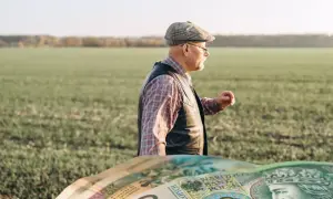 Rolnik w polu zastanawia się, ile wynosi emerytura z KRUS. Na pierwszym planie polskie banknoty.
