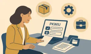 Kobieta przy laptopie z napisem PKWIU, przygotowuje dokumenty do wyrejestrowania z VAT. Ikony symbolizują biznes.