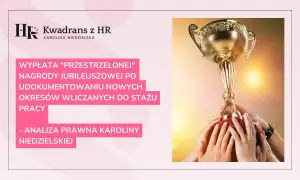 Złoty puchar wznoszony przez dłonie, symbol sukcesu. Temat: wypłata nagrody jubileuszowej w jednym roku.
