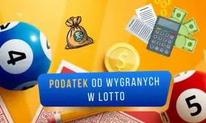 Kule do lotto, worek z pieniędzmi, kalkulator i rachunki. Temat: podatek od wygranej w lotto.