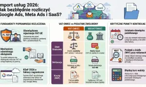 Import usług 2026: rozlicz Google Ads, Meta Ads i SaaS. Kluczowe punkty: rejestracja VAT-UE, mechanizm odwrotnego obciążenia, KSeF, VAT-owiec vs zwolniony, WHT, kurs waluty.