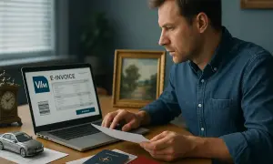 Mężczyzna analizuje fakturę VAT marża na laptopie. Obok leży paszport i model samochodu.