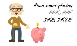 Starszy pan z laską i świnką skarbonką symbolizują, jak prywatnie odkładać na emeryturę, pokazując opcje PPK, PPE, IKE i IKZE.