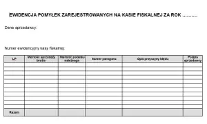 Formularz ewidencja pomyłek na kasie fiskalnej. Tabela zawiera kolumny: LP, wartość sprzedaży brutto, wartość podatku należnego, numer paragonu, opis przyczyny błędu, podpis sprzedawcy.