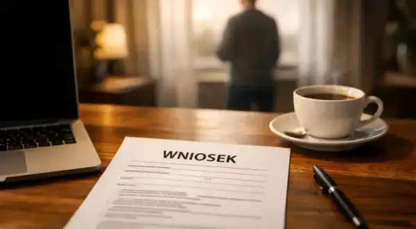 Na biurku leży wniosek o pracę zdalną okazjonalną, obok laptop i filiżanka kawy. W tle mężczyzna patrzy przez okno.