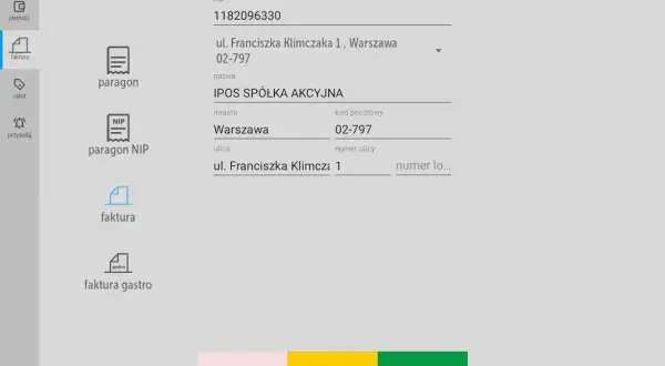 Formularz do wprowadzania danych firmy, gdzie można wybrać paragon lub faktura. Wpisano NIP, adres i nazwę firmy.