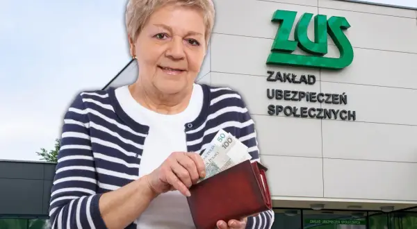 Starsza pani z portfelem pełnym pieniędzy przed budynkiem ZUS. Zastanawia się, ile może dorobić emeryt.