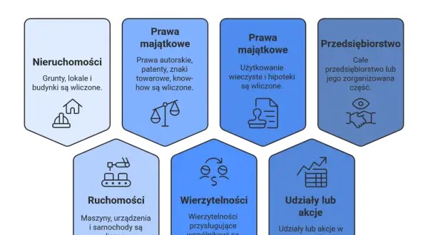 Wniesienie aportu do spółki obejmuje nieruchomości, prawa majątkowe (autorskie, patenty, użytkowanie wieczyste), ruchomości, wierzytelności, udziały/akcje i przedsiębiorstwo.