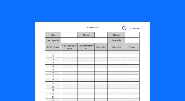 Lista obecności do rozliczania pracy zdalnej. Zawiera pola na datę, czas rozpoczęcia i zakończenia pracy, ilość godzin, informacje i podpis.