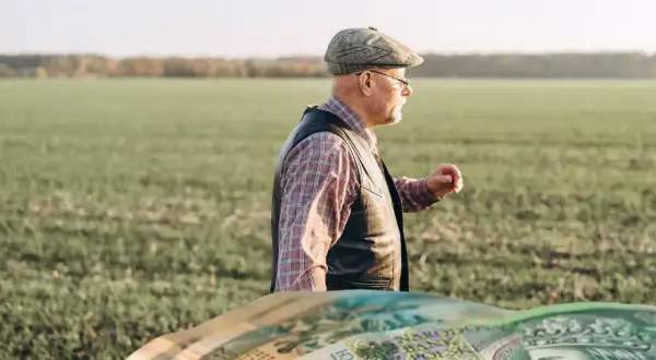 Rolnik w polu zastanawia się, ile wynosi emerytura z KRUS. Na pierwszym planie polskie banknoty.