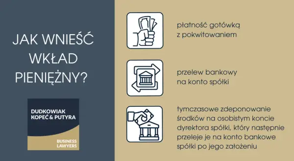 Jak wnieść wkład pieniężny do spółki z o.o.? Metody: gotówka, przelew, tymczasowe zdeponowanie środków.