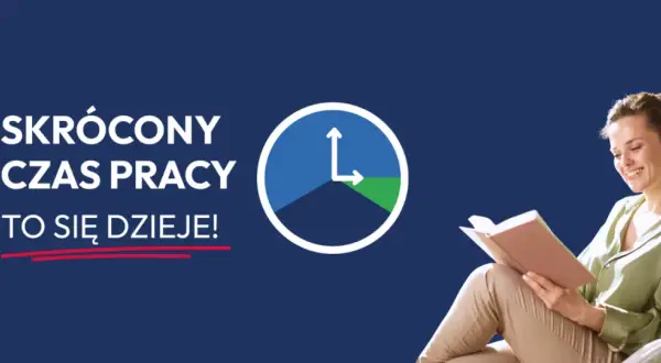 Skrócony czas pracy to się dzieje! Uśmiechnięta kobieta czyta książkę, symbolizując wolny czas.