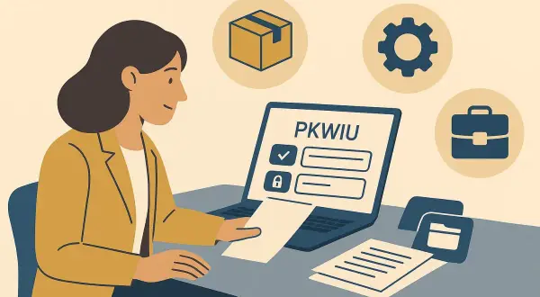 Kobieta przy laptopie z napisem PKWIU, przygotowuje dokumenty do wyrejestrowania z VAT. Ikony symbolizują biznes.