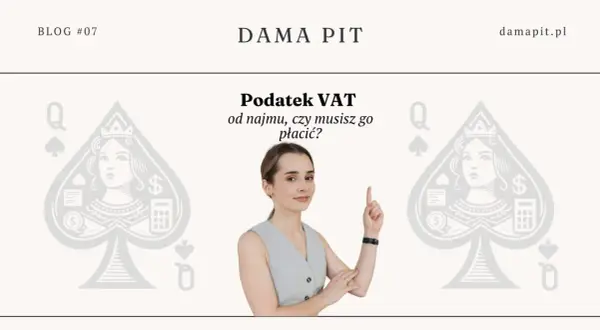 Kobieta wyjaśnia, czy najem prywatny a VAT to temat, który Cię dotyczy. Grafika damy pik z kalkulatorem i symbolem dolara.
