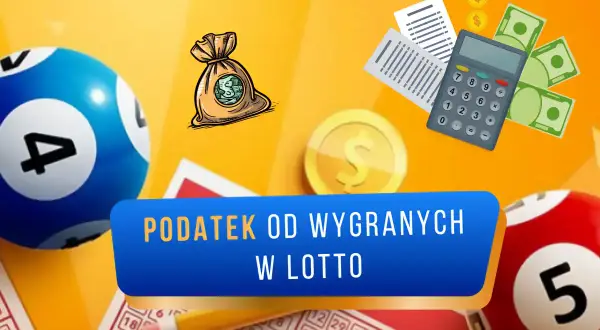 Kule do lotto, worek z pieniędzmi, kalkulator i rachunki. Temat: podatek od wygranej w lotto.