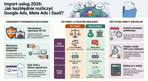 Import usług 2026: rozlicz Google Ads, Meta Ads i SaaS. Kluczowe punkty: rejestracja VAT-UE, mechanizm odwrotnego obciążenia, KSeF, VAT-owiec vs zwolniony, WHT, kurs waluty.