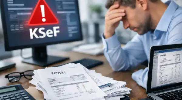 Stres związany z fakturą zakupu w walucie obcej i ustaleniem kursu do CIT. Na ekranie komputera ostrzeżenie KSeF.