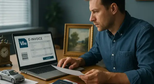 Mężczyzna analizuje fakturę VAT marża na laptopie. Obok leży paszport i model samochodu.
