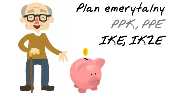 Starszy pan z laską i świnką skarbonką symbolizują, jak prywatnie odkładać na emeryturę, pokazując opcje PPK, PPE, IKE i IKZE.