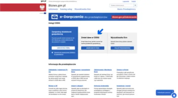 Zmiana nazwy firmy gdzie zgłosić? Na Biznes.gov.pl znajdziesz opcję "Zmień dane w CEIDG", by dokonać zmian.