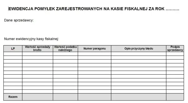 Formularz ewidencja pomyłek na kasie fiskalnej. Tabela zawiera kolumny: LP, wartość sprzedaży brutto, wartość podatku należnego, numer paragonu, opis przyczyny błędu, podpis sprzedawcy.