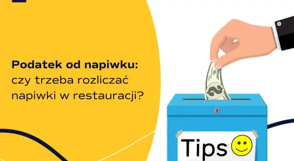 Podatek od napiwku: czy trzeba rozliczać napiwki w restauracji? Dłoń wrzuca banknot do niebieskiej skrzynki z napisem "Tips" i uśmiechniętą buźką.