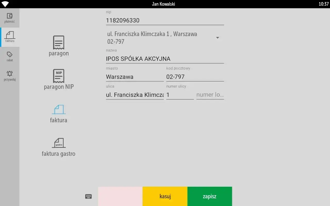 Formularz do wprowadzania danych firmy, gdzie można wybrać paragon lub faktura. Wpisano NIP, adres i nazwę firmy.
