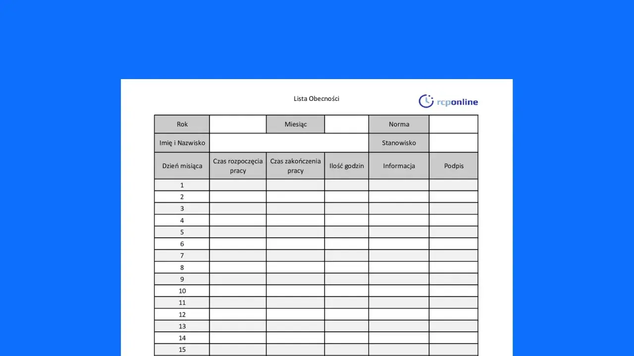 Lista obecności do rozliczania pracy zdalnej. Zawiera pola na datę, czas rozpoczęcia i zakończenia pracy, ilość godzin, informacje i podpis.