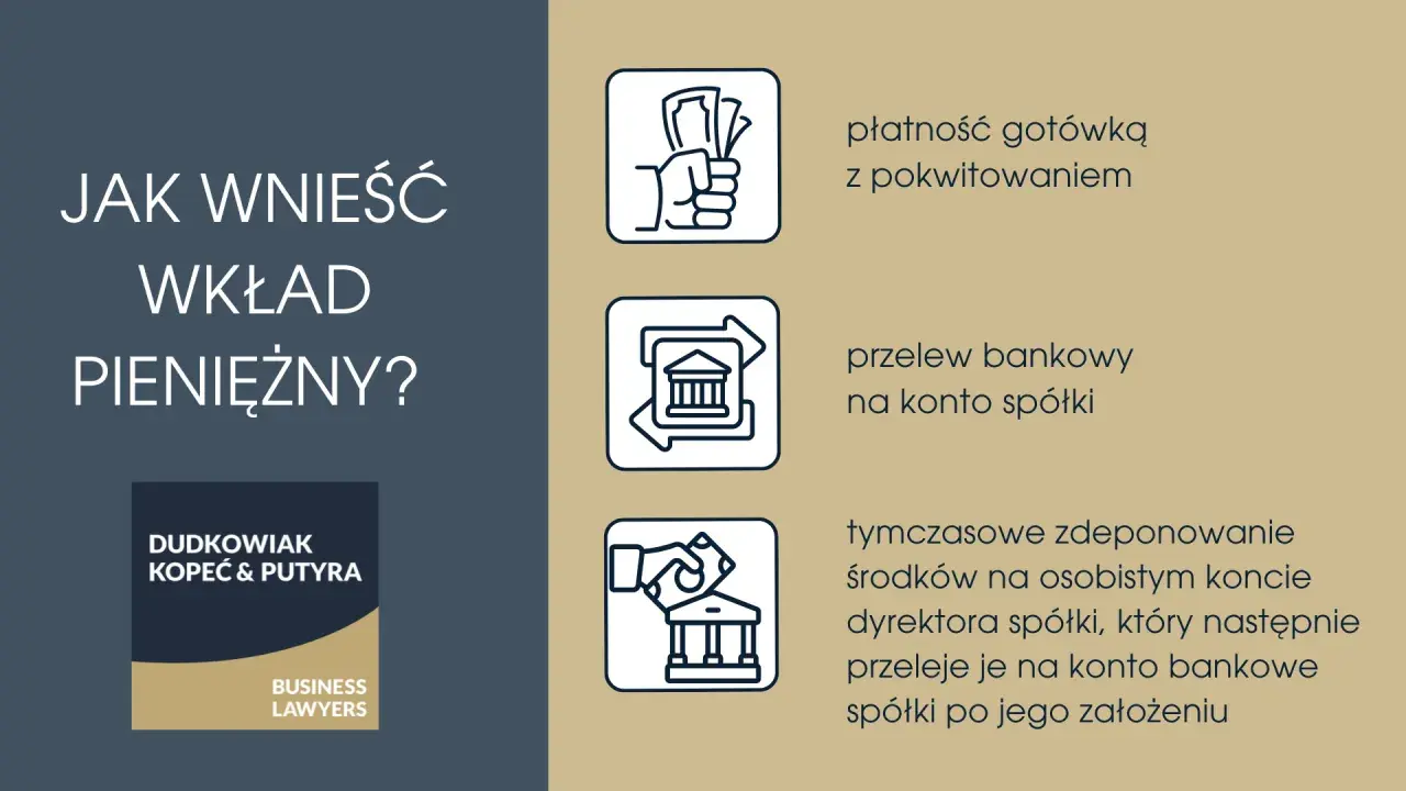 Jak wnieść wkład pieniężny do spółki z o.o.? Metody: gotówka, przelew, tymczasowe zdeponowanie środków.
