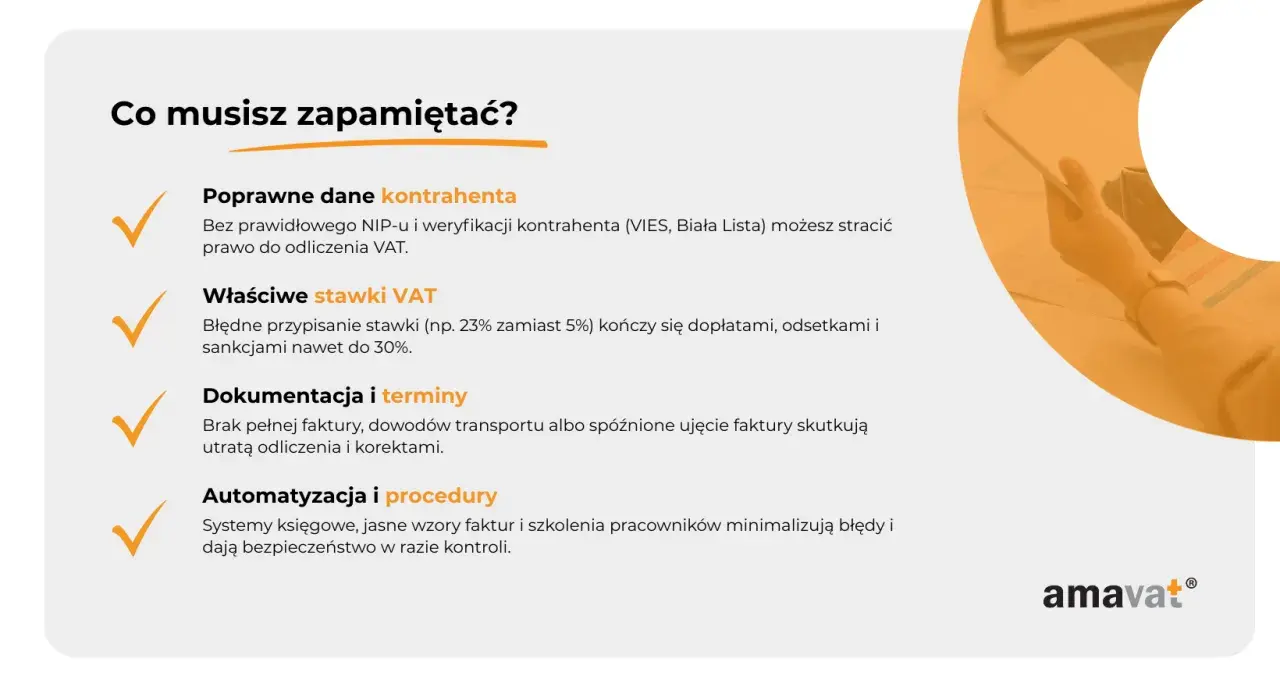 Prawidłowe dane kontrahenta i stawki VAT na fakturze od zagranicznego kontrahenta z polskim VAT to klucz do uniknięcia kar.