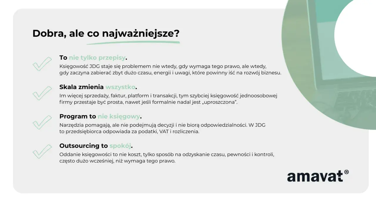 Księgowość JDG: od przepisów po rozwój firmy. Zobacz, jak outsourcing zapewnia spokój i kontrolę nad finansami w jednoosobowej działalności gospodarczej.