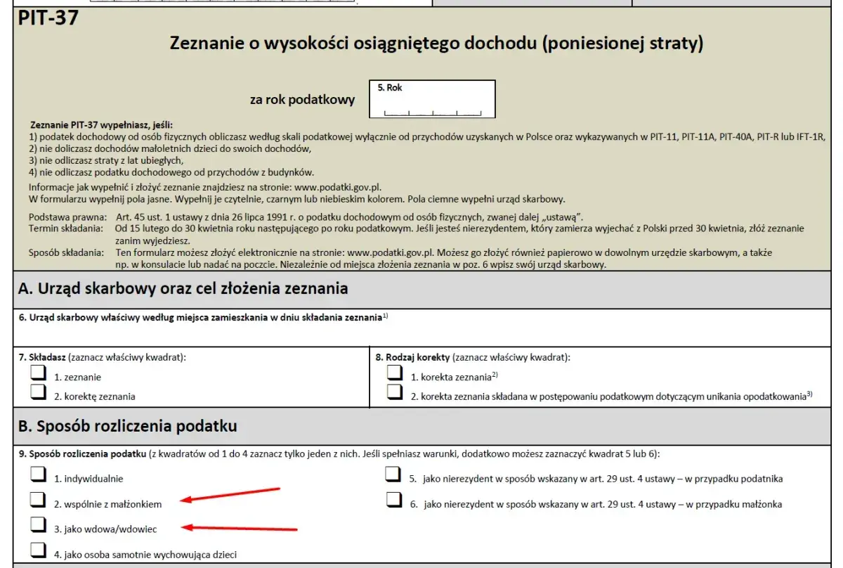 Formularz PIT-37. Sekcja "Sposób rozliczenia podatku" pokazuje opcje: indywidualnie, wspólnie z małżonkiem, jako wdowa/wdowiec. Pytanie, czy odszkodowanie jest opodatkowane, nie jest tu bezpośrednio poruszane.
