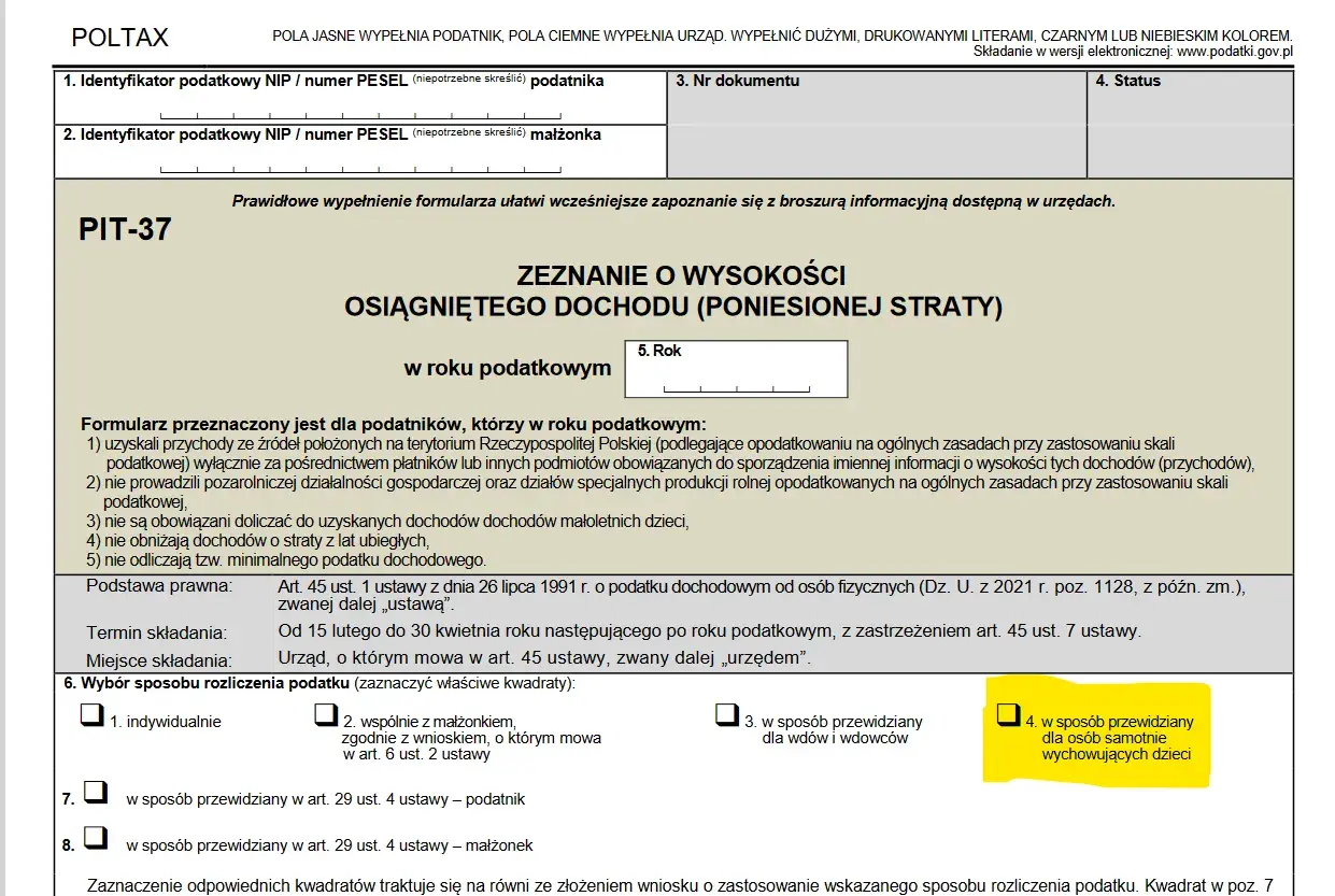 Formularz PIT-37, sekcja 6. Wybór sposobu rozliczenia podatku, opcja 4: dla osób samotnie wychowujących dzieci.