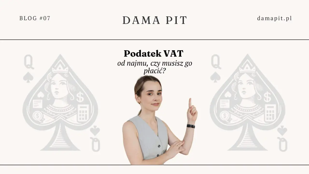 Kobieta wyjaśnia, czy najem prywatny a VAT to temat, który Cię dotyczy. Grafika damy pik z kalkulatorem i symbolem dolara.