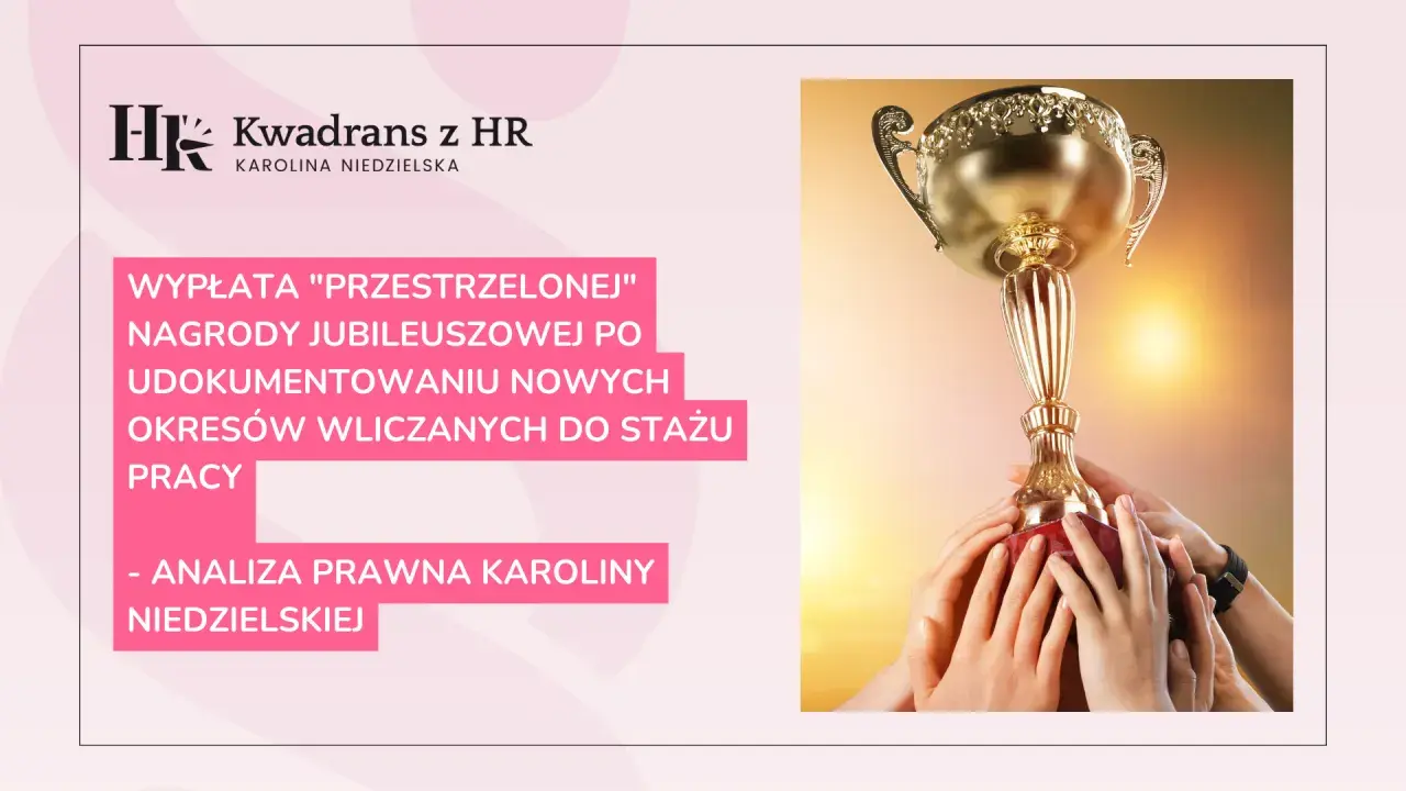 Złoty puchar wznoszony przez dłonie, symbol sukcesu. Temat: wypłata nagrody jubileuszowej w jednym roku.
