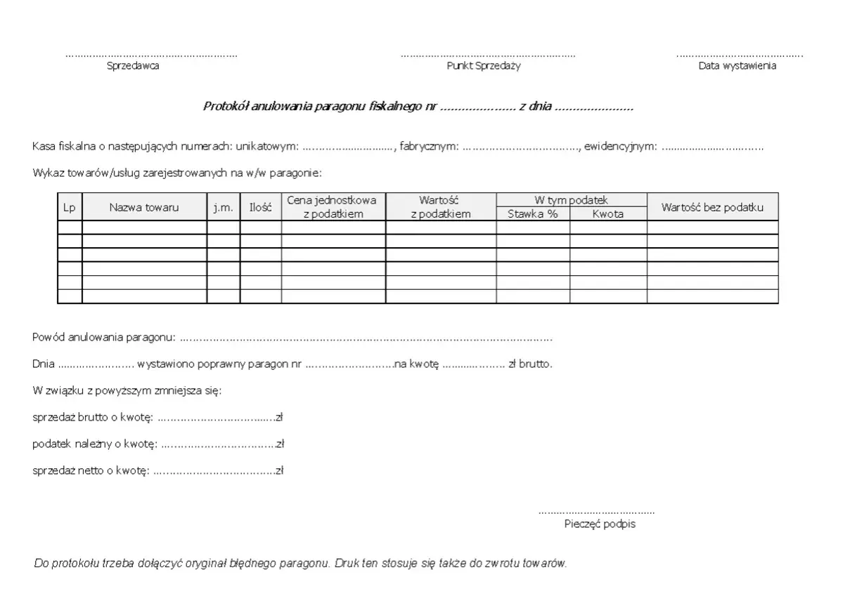 Protokół anulowania paragonu fiskalnego. Dokument zawiera dane sprzedawcy, punktu sprzedaży, wykaz towarów i powód anulowania paragonu po wydruku.