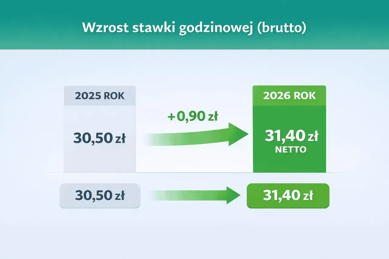 Wzrost stawki godzinowej brutto z 30,50 zł w 2025 do 31,40 zł w 2026. Umowa zlecenie z wyższą stawką.