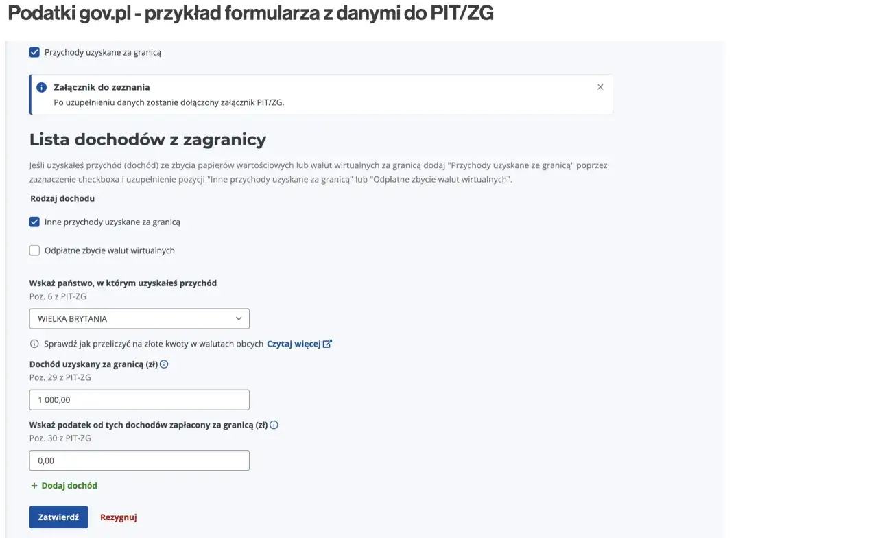 Doch&oacute;d z art. 27 ust. 9 i 9a ustawy: wpisano 1000 zł dochodu z Wielkiej Brytanii, podatek 0 zł.