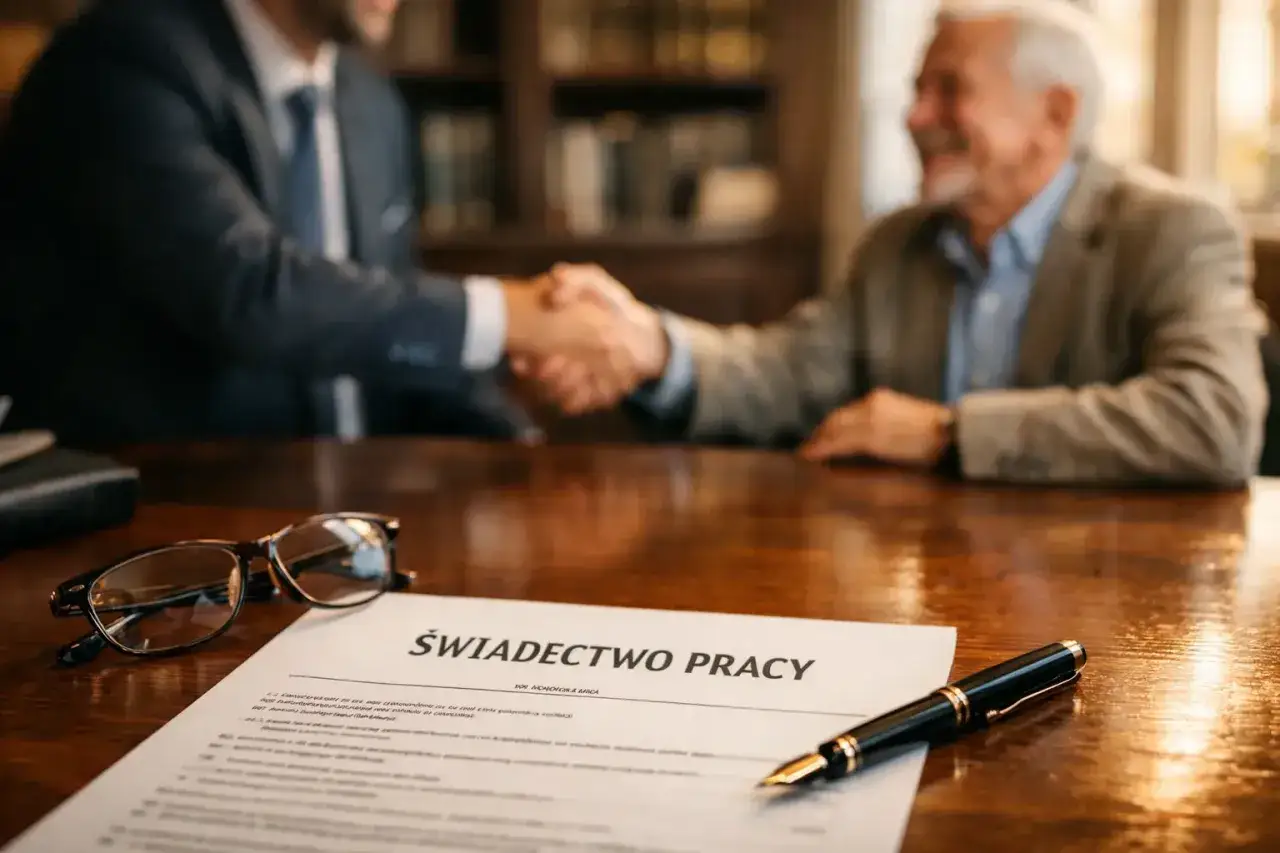 Uścisk dłoni po podpisaniu świadectwa pracy, kt&oacute;re może dotyczyć sześciomiesięczną odprawa emerytalna.
