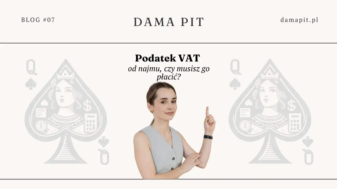 Kobieta wyjaśnia, czy najem prywatny a VAT to temat, kt&oacute;ry Cię dotyczy. Grafika damy pik z kalkulatorem i symbolem dolara.