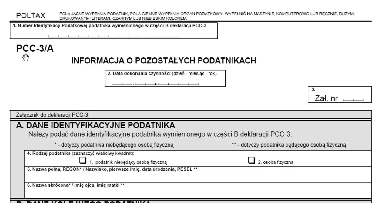 Formularz PCC-3/A, załącznik do deklaracji PCC-3. Informacja o pozostałych podatnikach. Wypełnij dane identyfikacyjne podatnika.