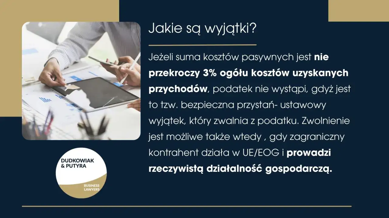Wyjątki od podatku od przerzuconych dochod&oacute;w: koszty pasywne poniżej 3% przychod&oacute;w lub zagraniczny kontrahent z UE/EOG prowadzący rzeczywistą działalność.