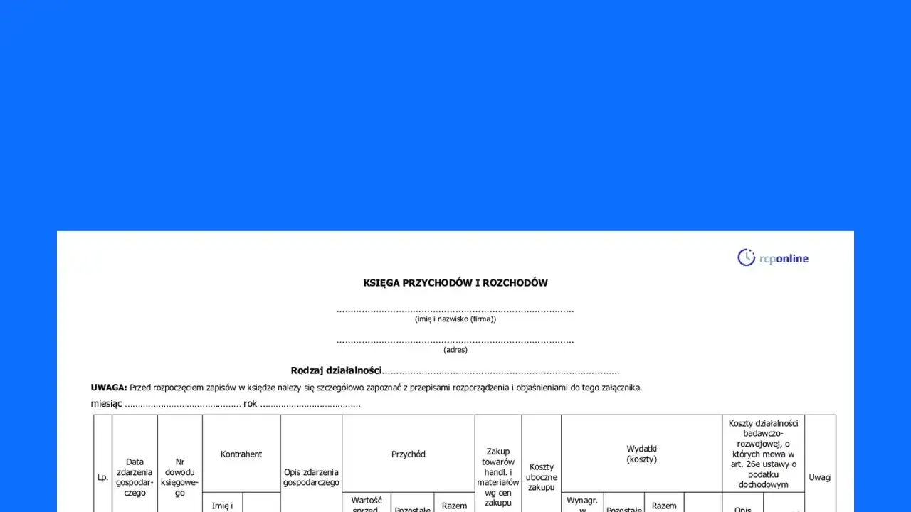 Księga przychod&oacute;w i rozchod&oacute;w przykład: formularz do wprowadzania danych o transakcjach, kosztach i przychodach firmy.