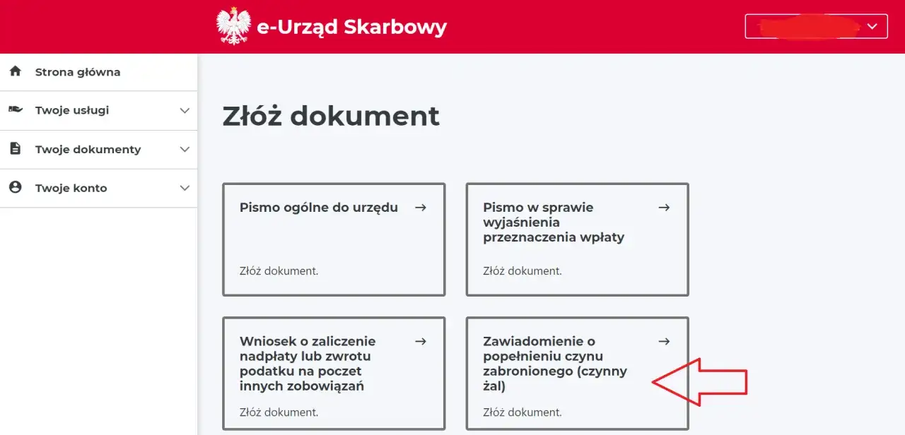 Zawiadomienie o popełnieniu czynu zabronionego (czynny żal) - zł&oacute;ż dokument w e-Urzędzie Skarbowym.