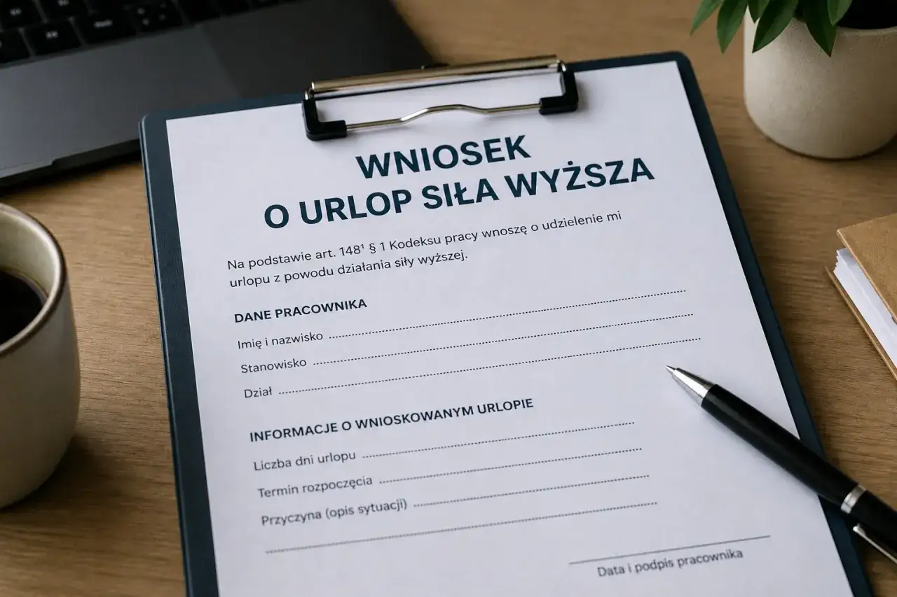 Wniosek o urlop z powodu działania siły wyższej. Dokument zawiera pola na dane pracownika i informacje o wnioskowanym urlopie.