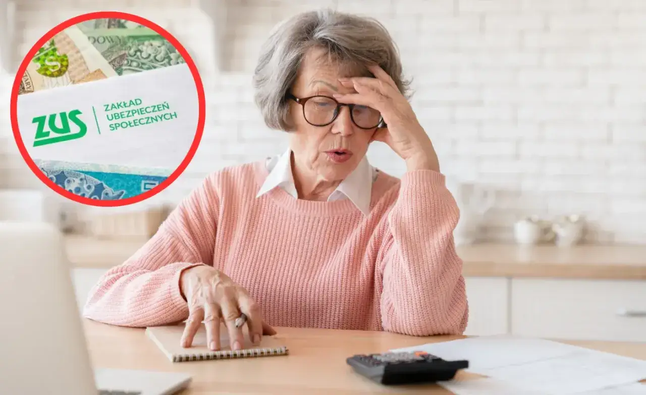Zmartwiona starsza kobieta analizuje nowe zasady przejścia na emeryturę, patrząc na dokumenty ZUS i pieniądze.