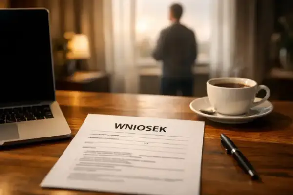 Na biurku leży wniosek o pracę zdalną okazjonalną, obok laptop i filiżanka kawy. W tle mężczyzna patrzy przez okno.